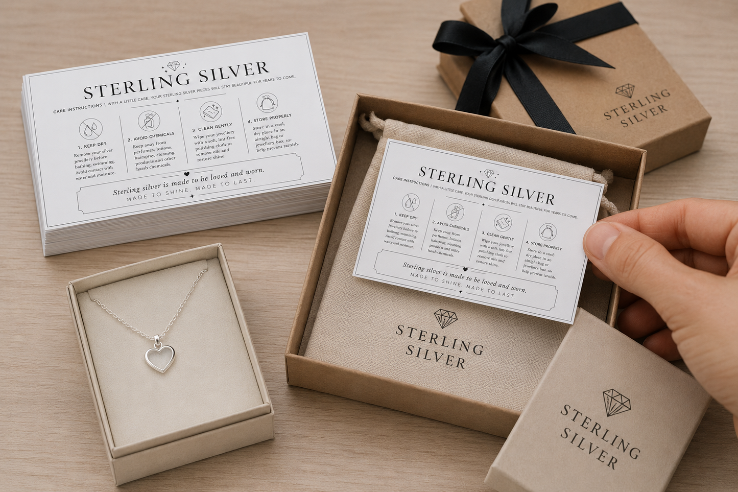 Sterling Silver Jewellery Care Instruction Thank You Cards | Double Sided Inserts | Jewellery Packaging Supplies