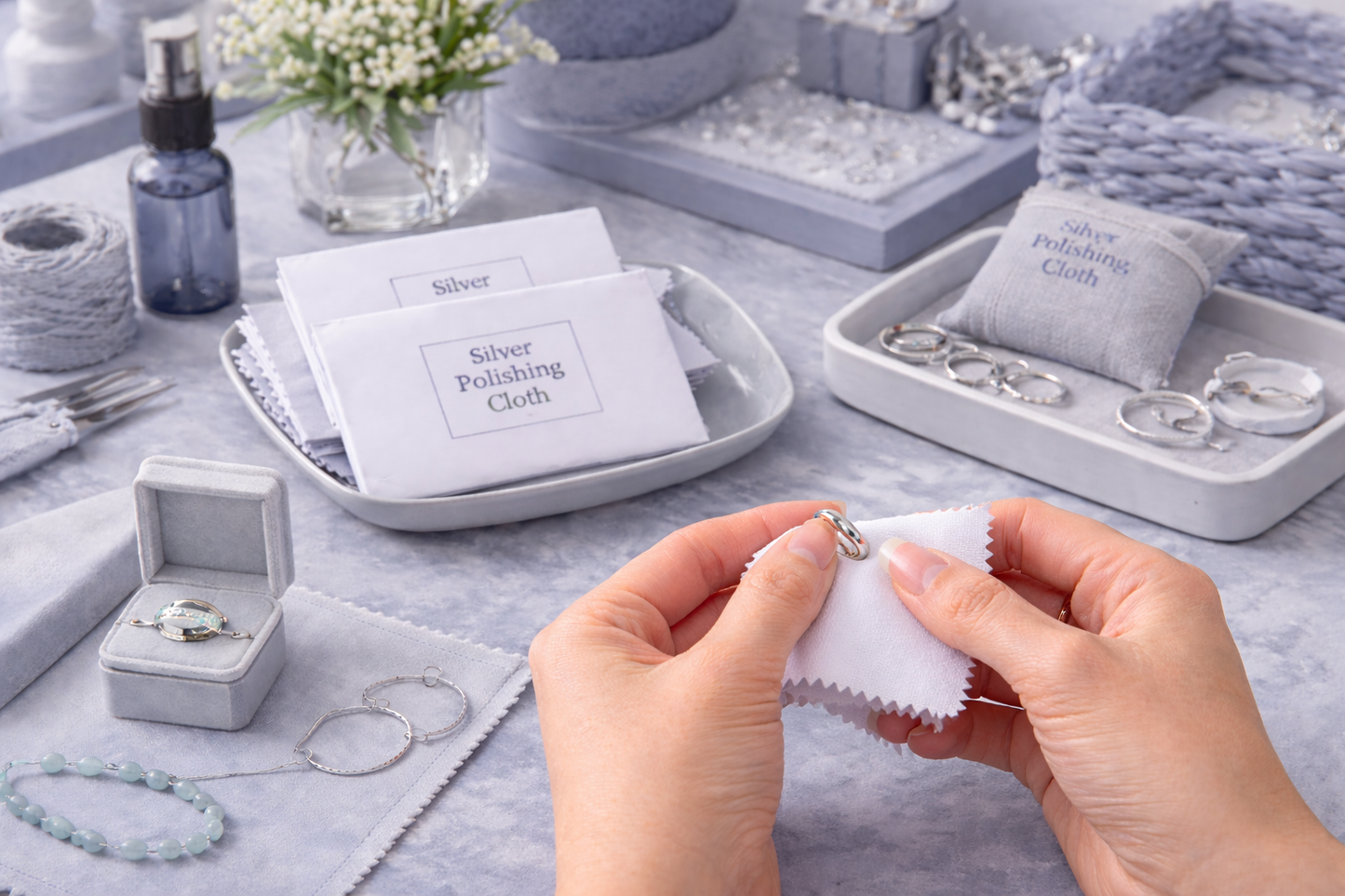 Person cleaning a silver ring with a polishing cloth on a table with jewelry and cleaning supplies.