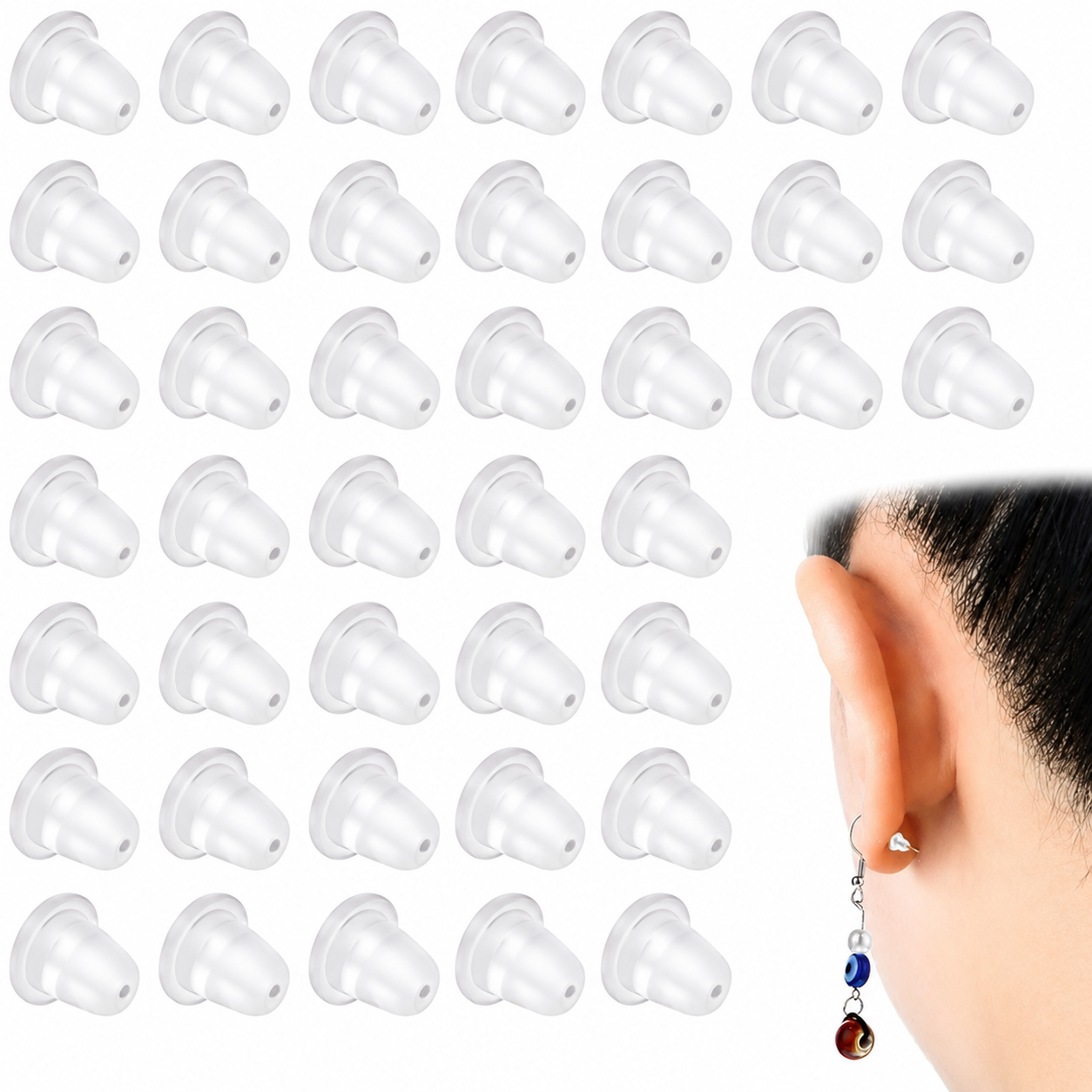 A set of 20 clear silicone earring backs arranged in a grid on a white background, with a close-up of a person's ear wearing one of the earring backs on the right side.
