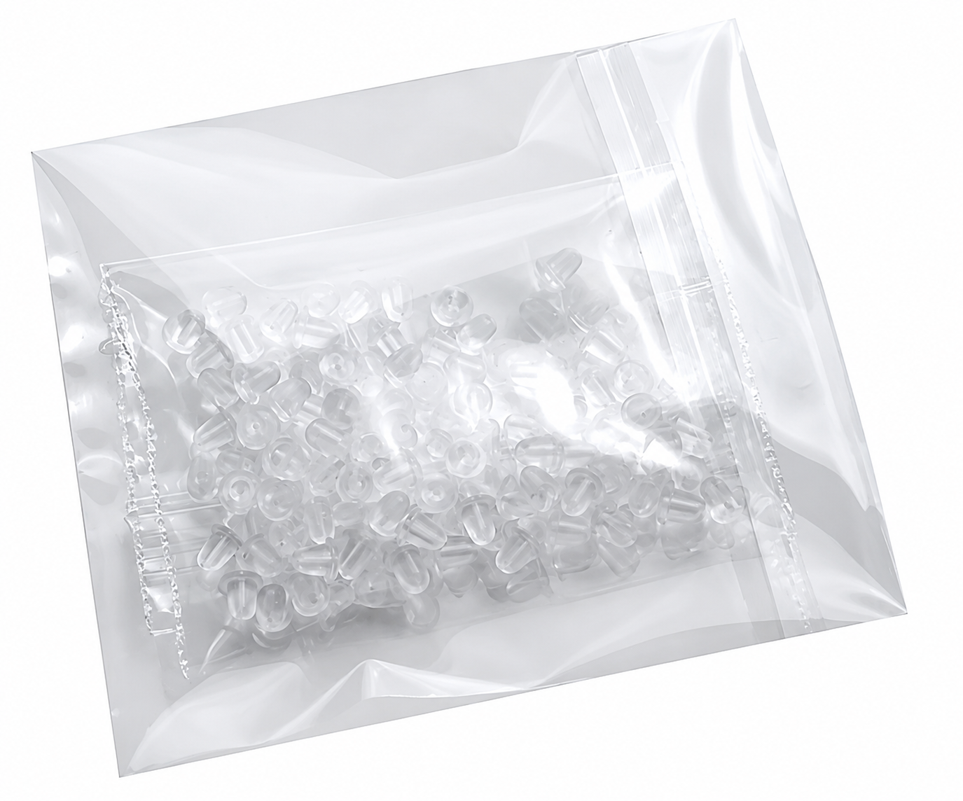 A clear plastic resealable bag containing many small clear earring backs, shown on a plain white background.