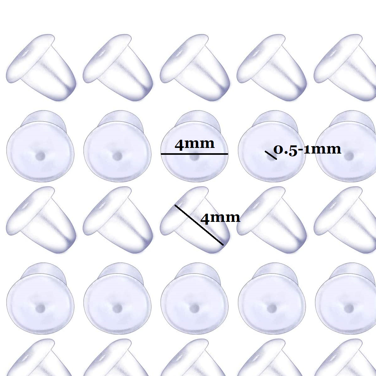A grid of small translucent white silicone earring backs shown from top and side views, with measurement annotations reading 4mm and 0.5-1mm on a plain white background.