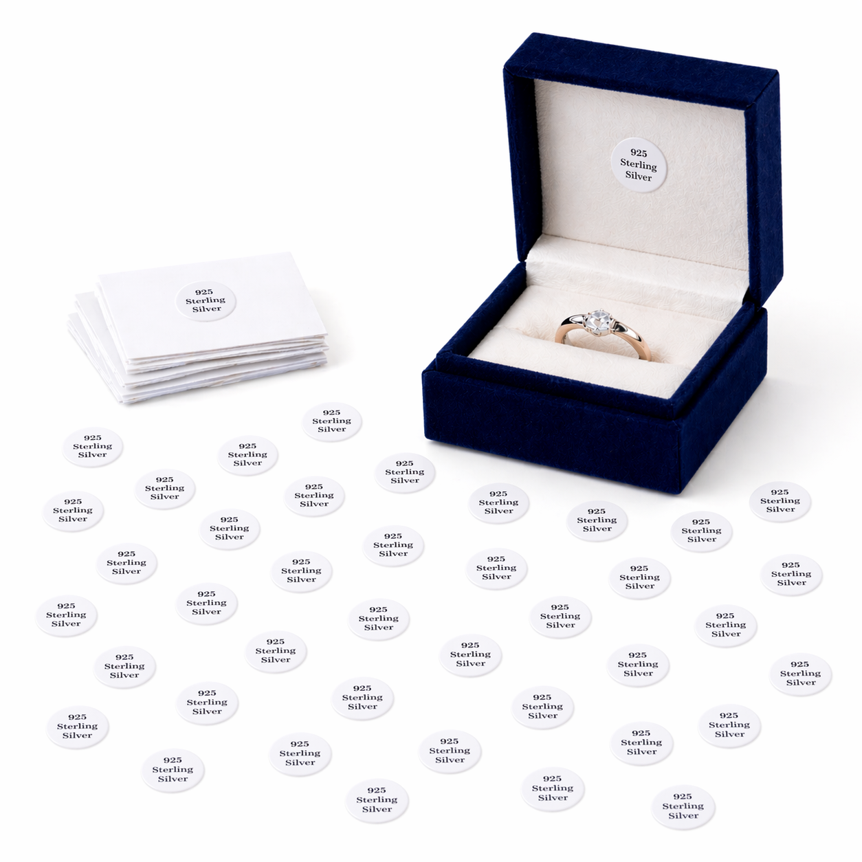 Silver ring in a blue box with '925 Sterling Silver' label, surrounded by small silver cards on a white background.