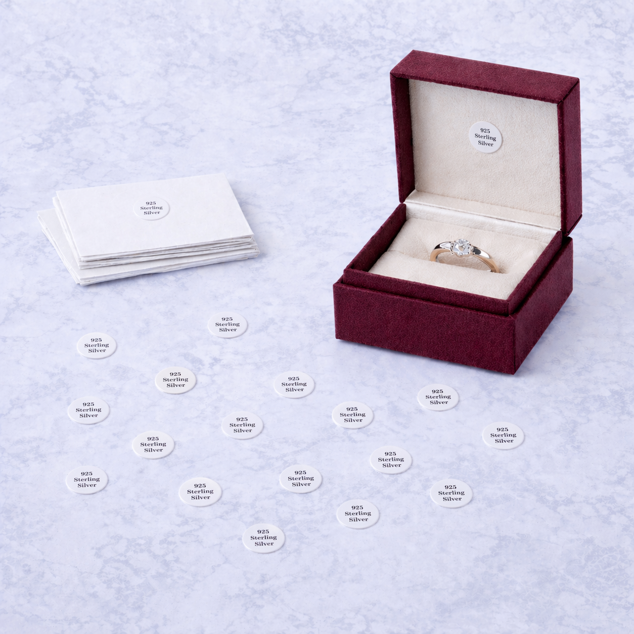 Open jewelry box with a ring inside on a textured surface with name cards around.
