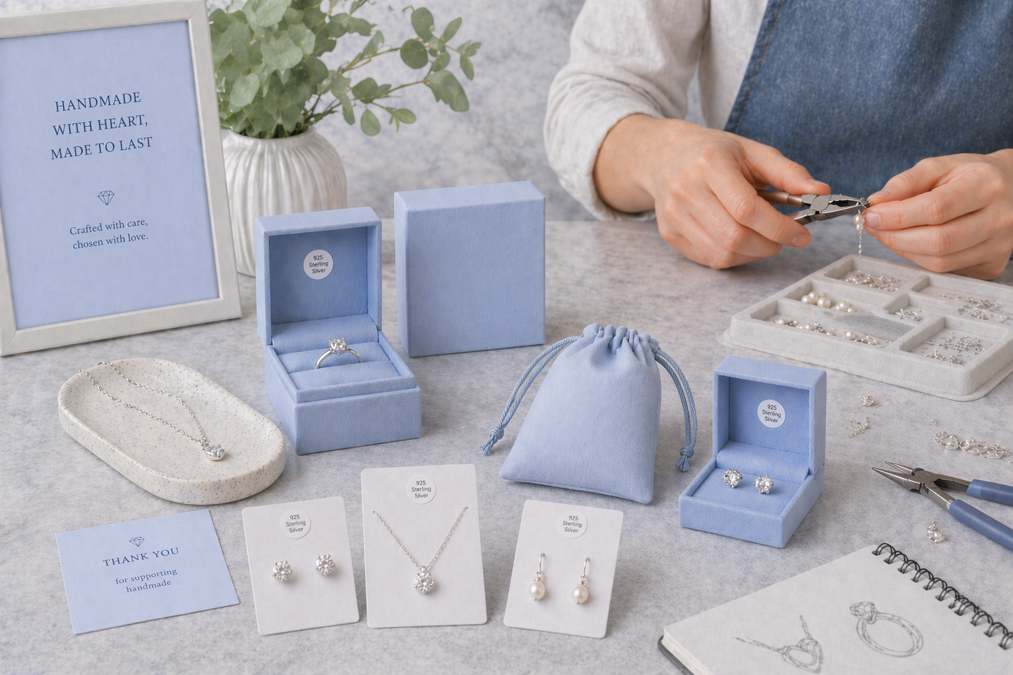Jewelry set with earrings, necklaces, and a box on a table.