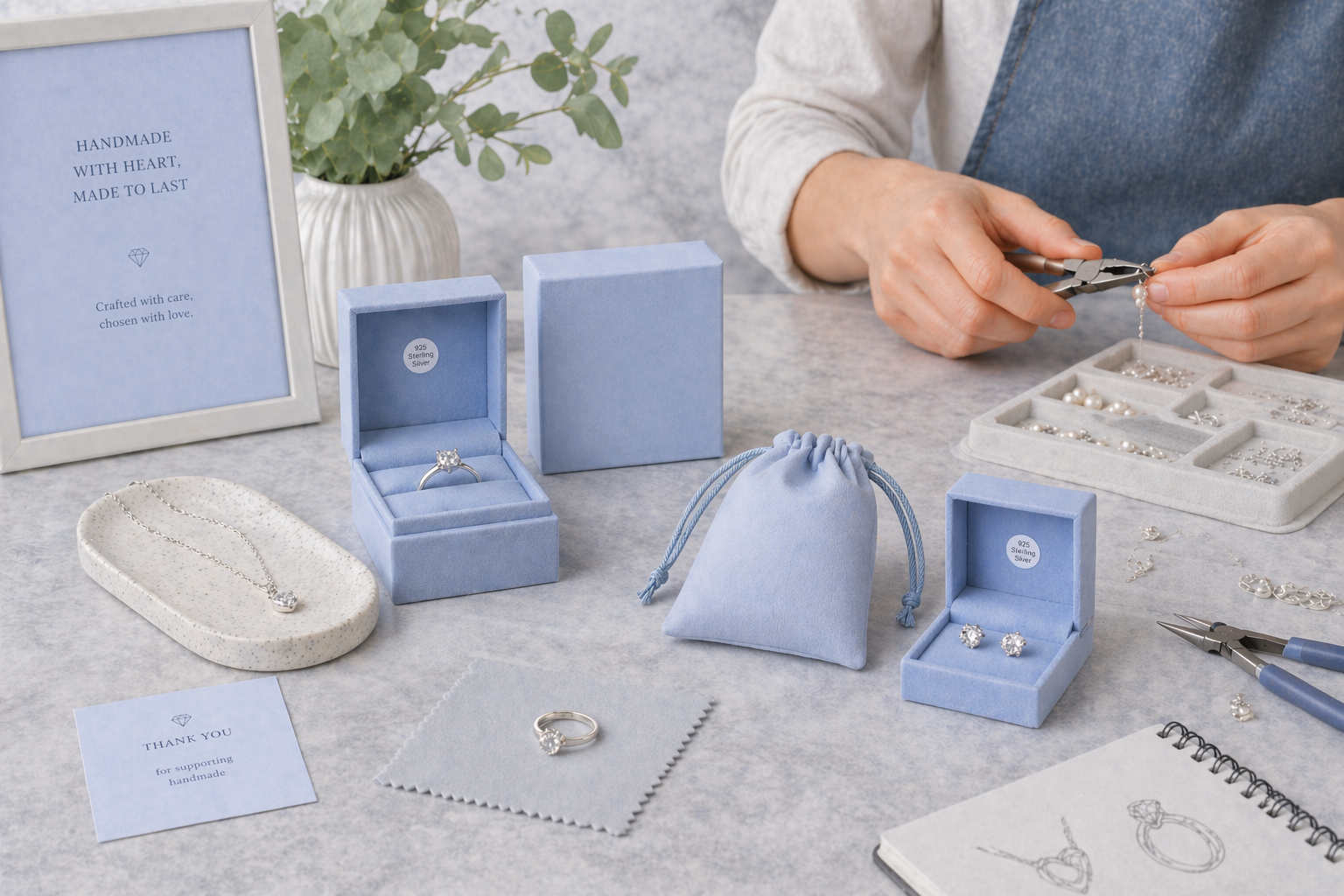 Person organizing jewelry in blue boxes on a table with a framed text and plant in the background.