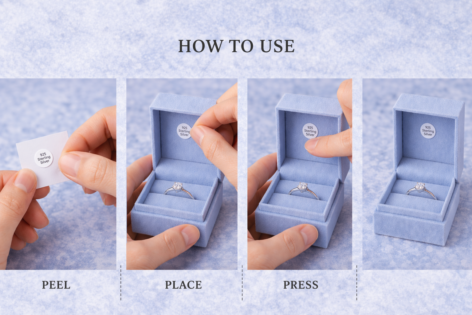 Step-by-step guide on how to use a jewelry product with close-up shots of hands performing actions.