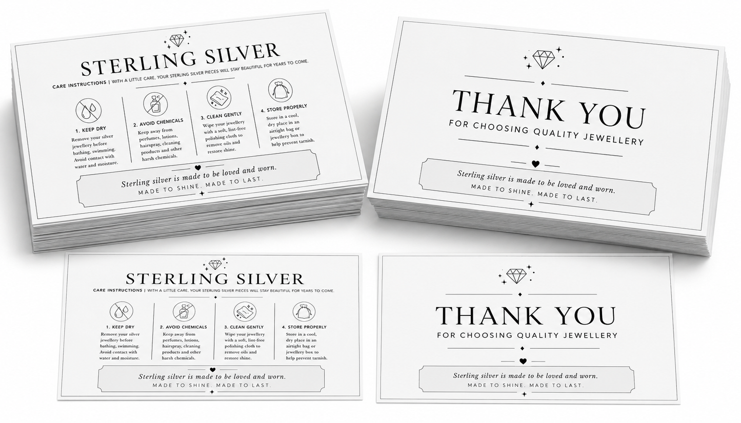 Sterling Silver Jewellery Care Instruction Thank You Cards | Double Sided Inserts | Jewellery Packaging Supplies