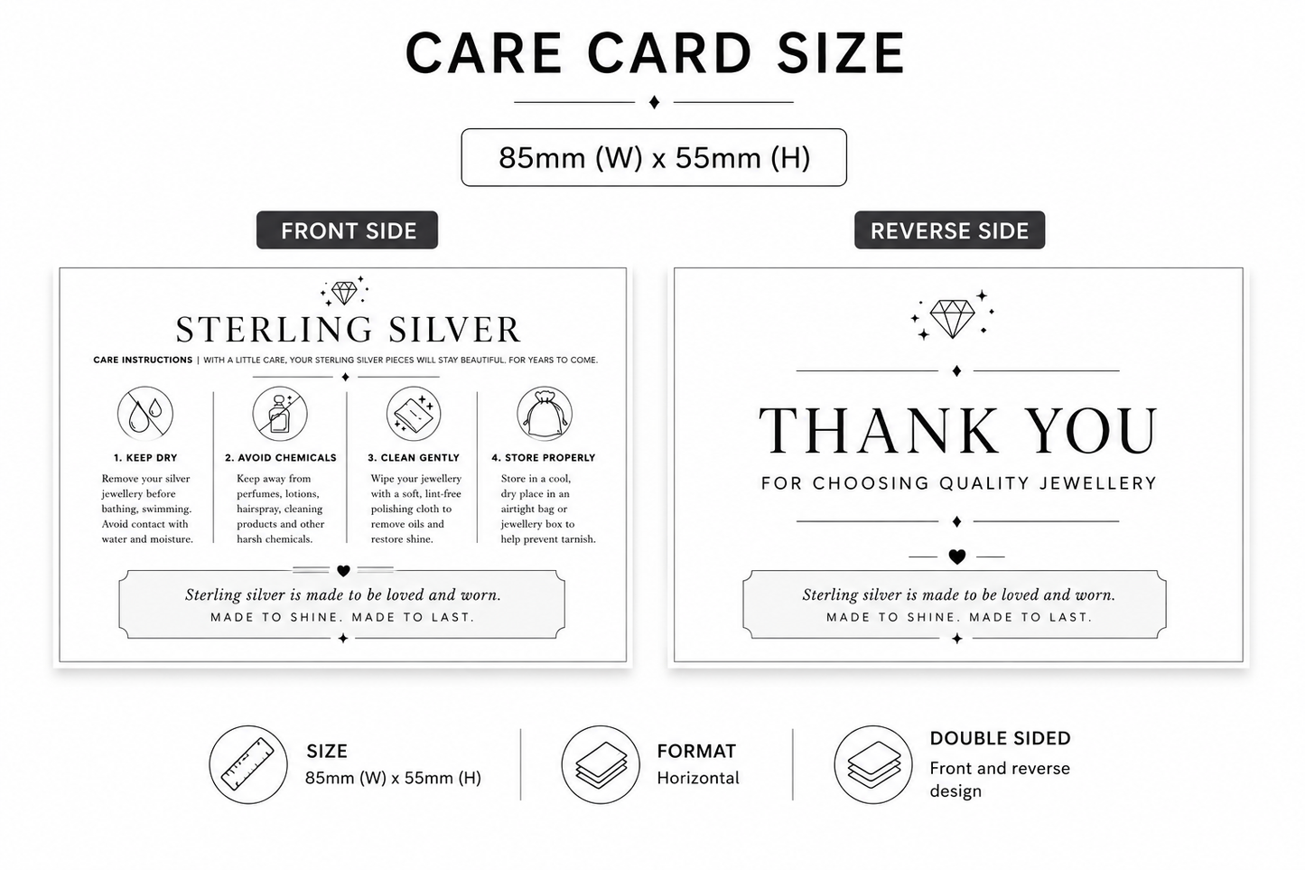 Sterling Silver Jewellery Care Instruction Thank You Cards | Double Sided Inserts | Jewellery Packaging Supplies
