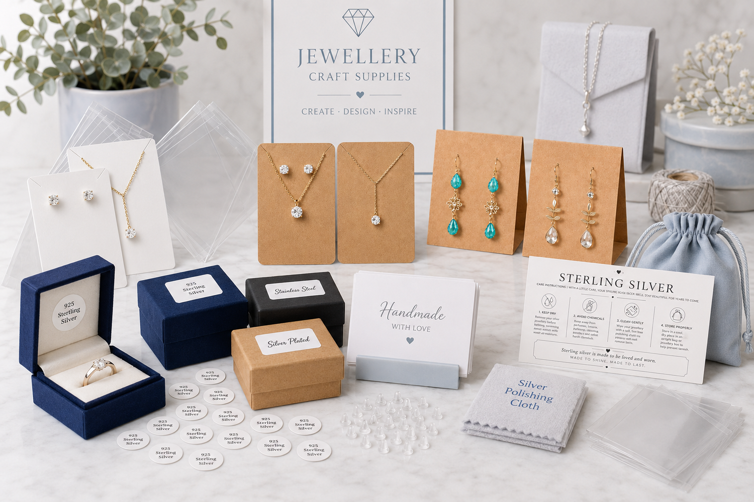 A styled flat-lay of a jewelry craft supplies kit on a white marble surface, including display cards, small boxes, pouches, and sample jewelry pieces.