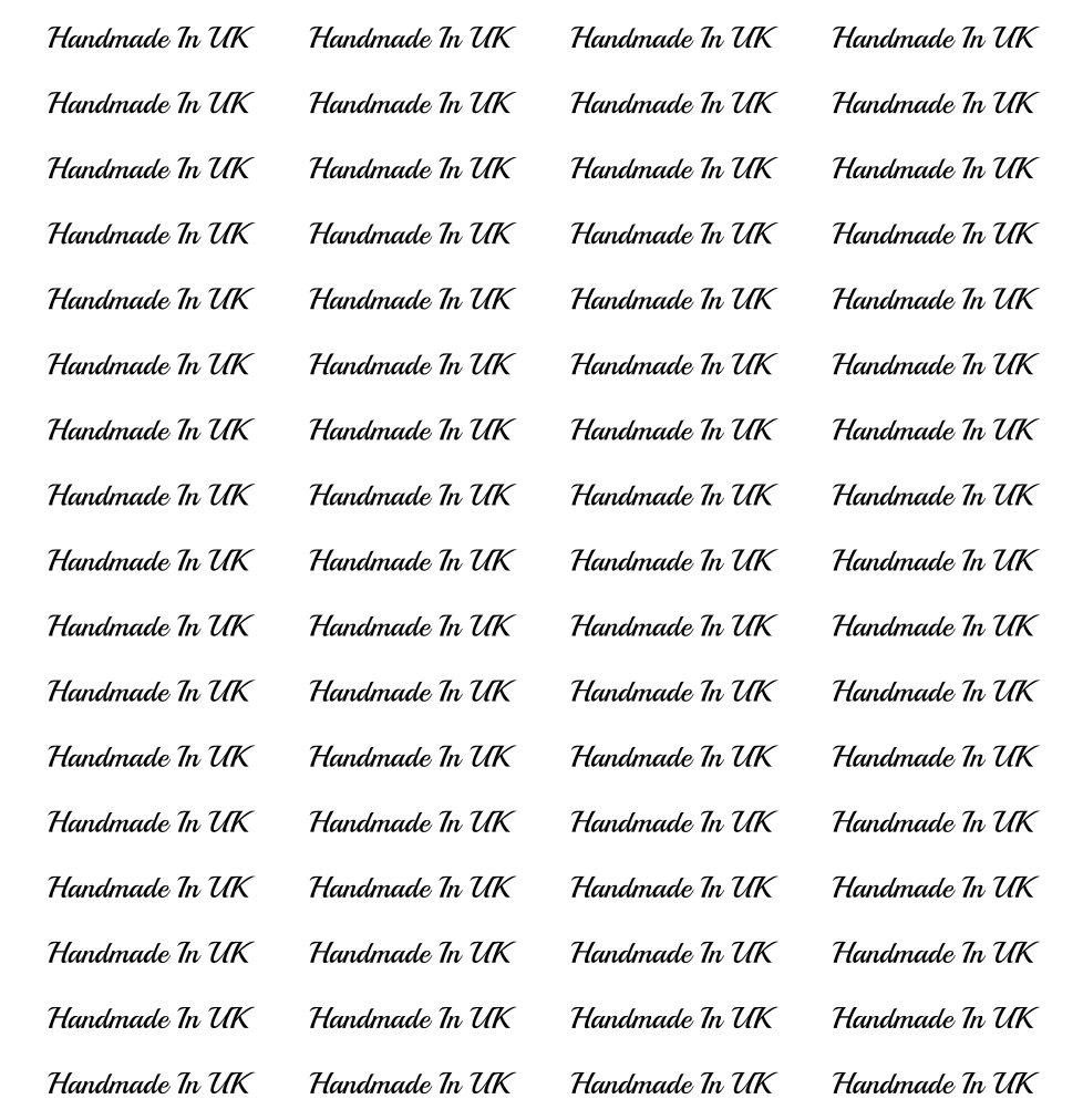 A repeating pattern of the text 'Handmade In UK' printed in black across a white background