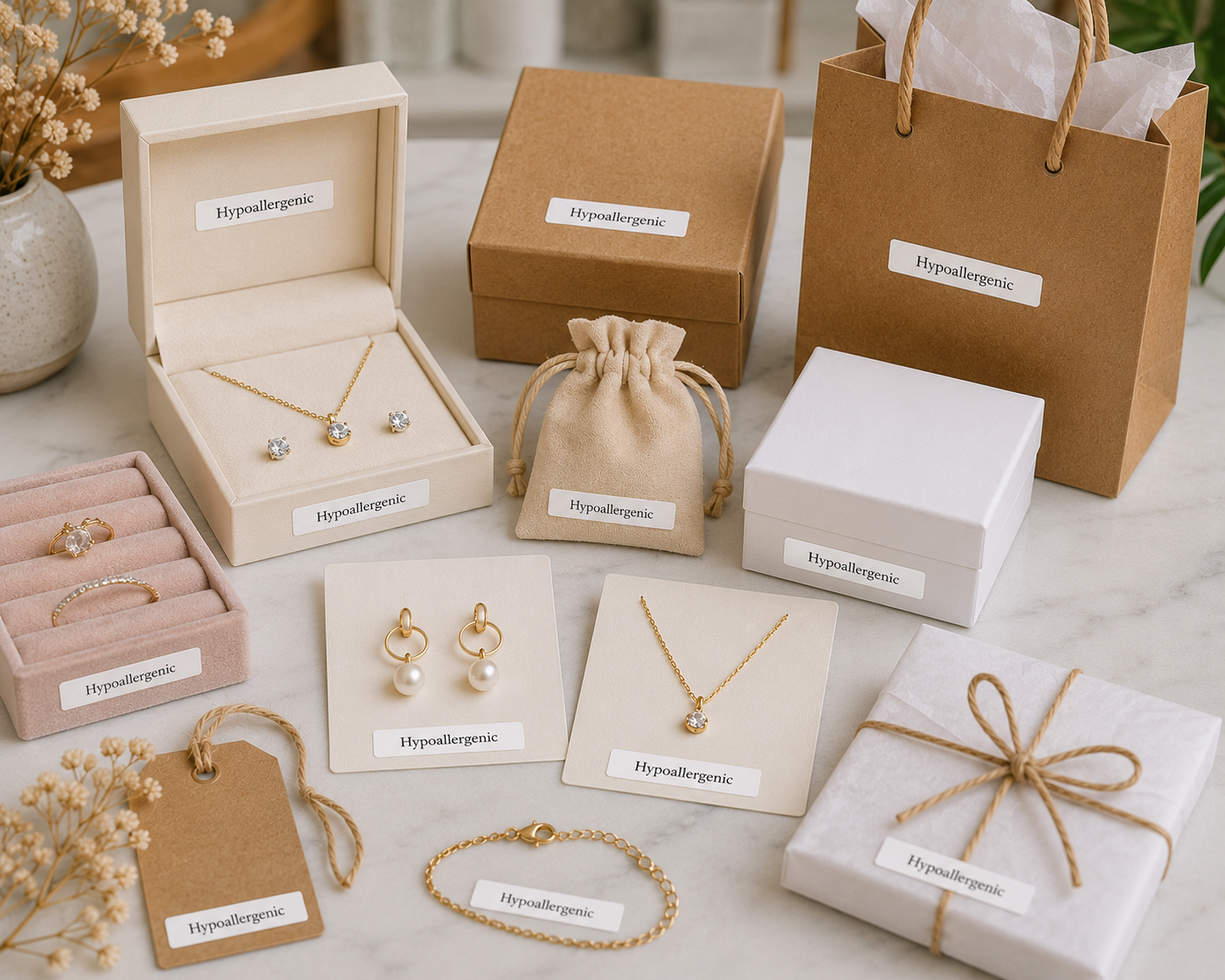 Jewelry set with gold necklaces, earrings, and bracelets displayed in branded boxes and packaging on a marble surface.