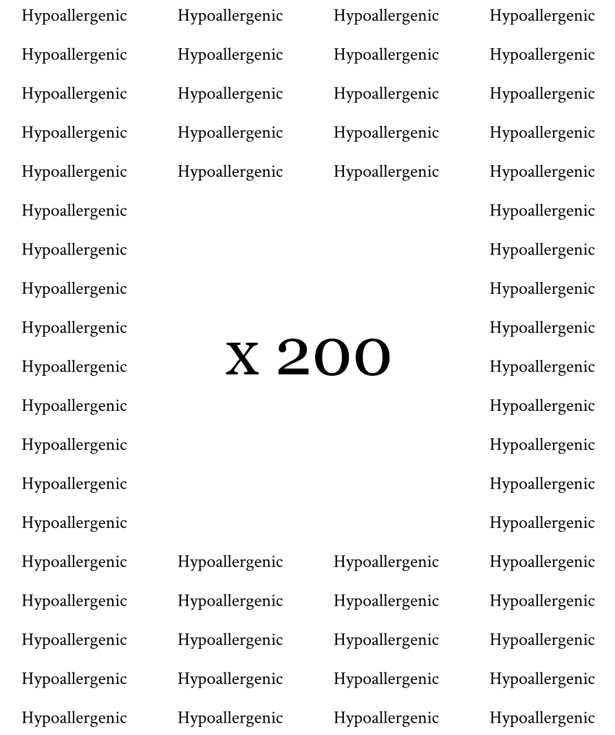 Text pattern with 'Hypoallergenic' repeated and 'X 200' in the center.