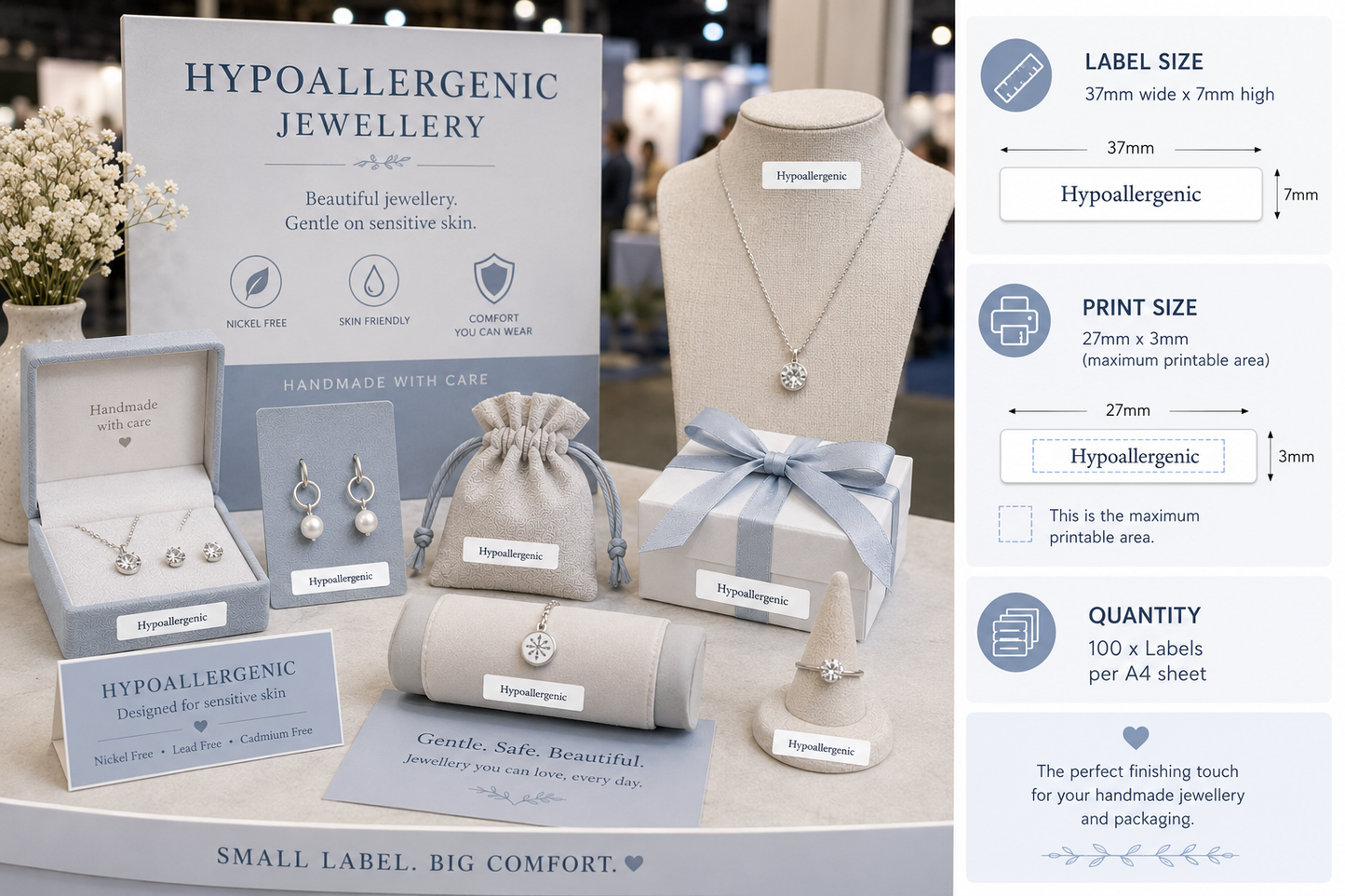 Hypoallergenic jewelry display with packaging and labels.