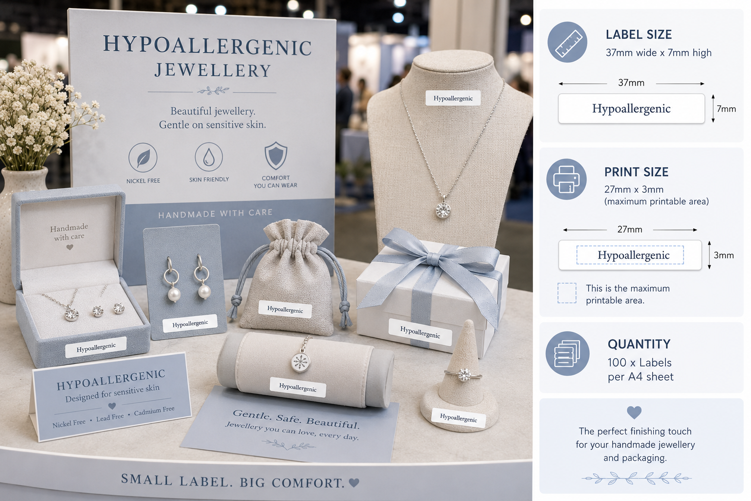 Hypoallergenic jewelry display with packaging and labels.