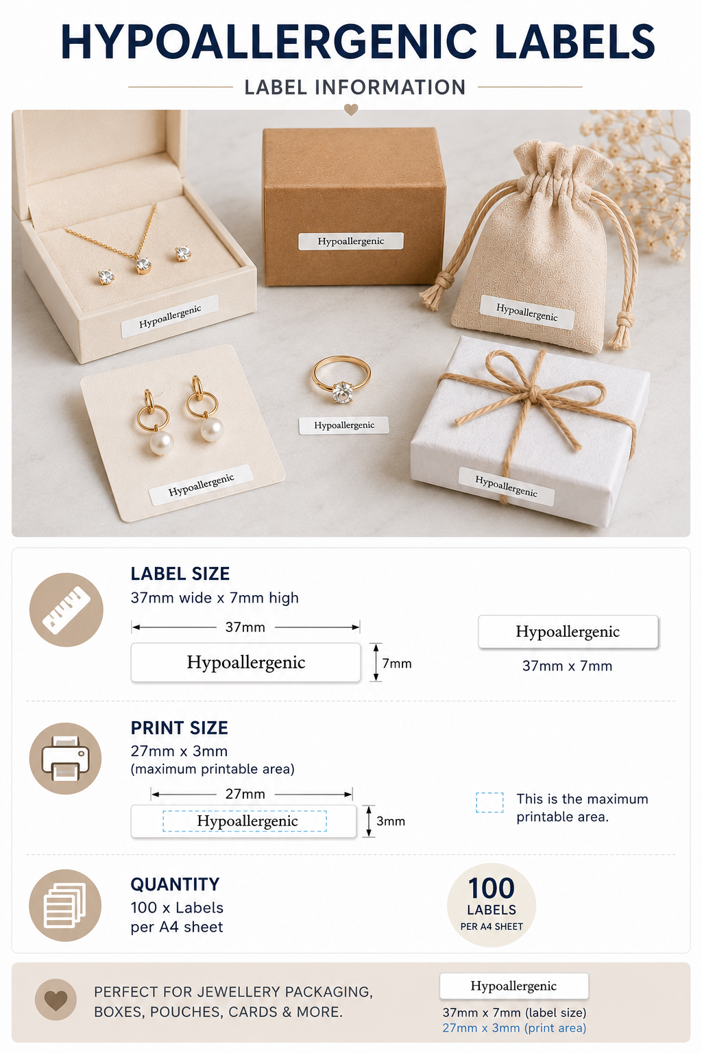 Hypoallergenic labels with jewelry packaging on a light background