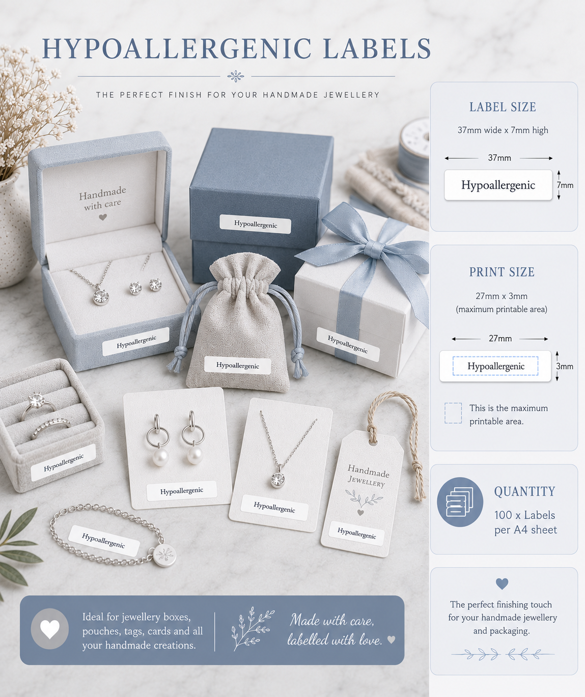 Hypoallergenic labels for handmade jewelry displayed with jewelry packaging and accessories.