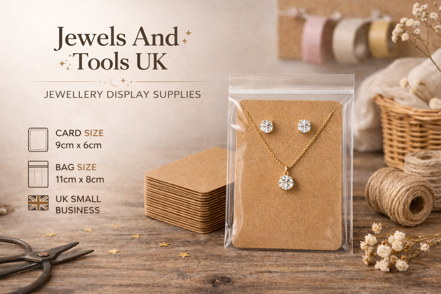 Kraft brown jewellery display cards with self-adhesive bags, 9cm x 6cm