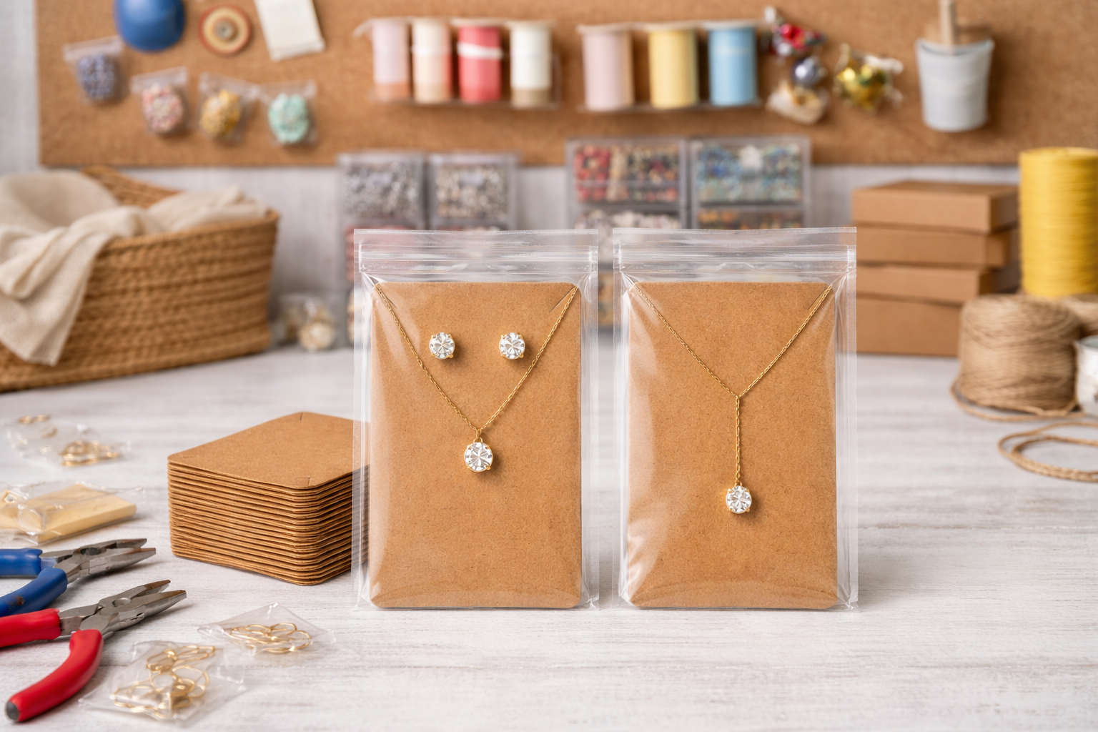 Kraft brown jewellery packaging cards and bags, professional presentation