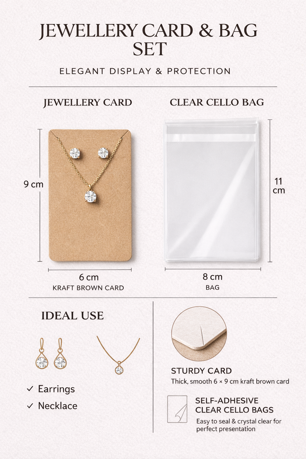 Jewellery display cards and bags close-up, kraft brown finish