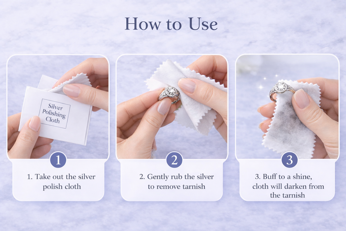 Instructions on how to use a silver polishing cloth with text overlay.