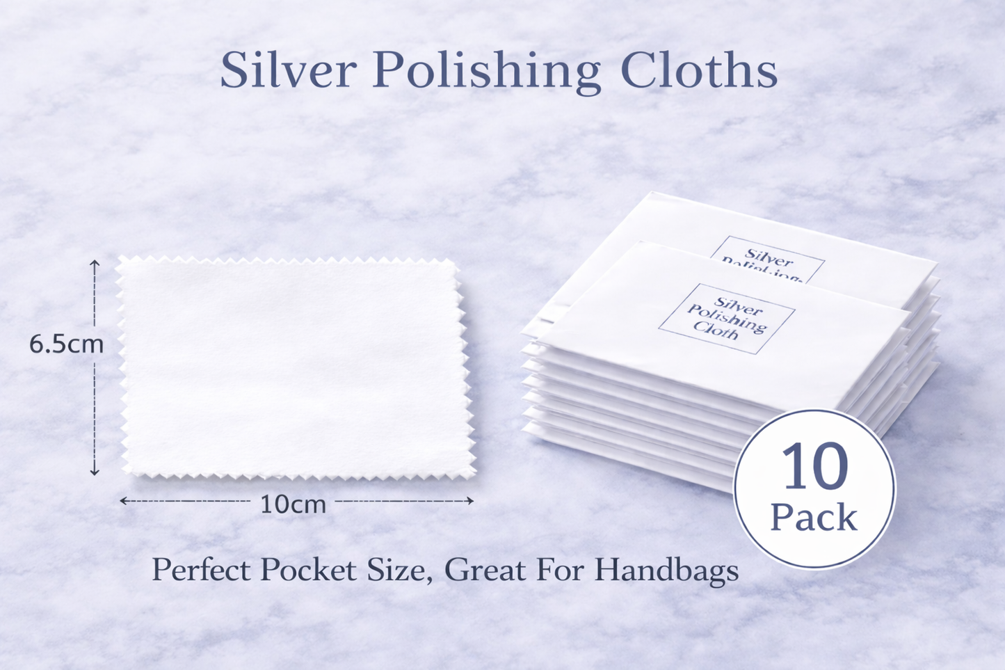 Silver polishing cloths with dimensions and packaging details on a light gray background