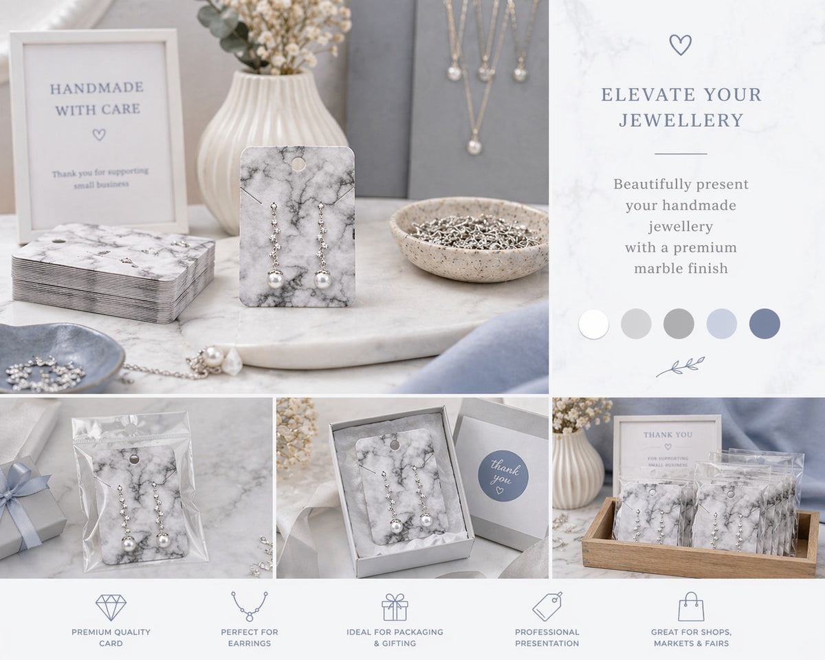 A styled collage showing jewelry packaging and presentation accessories, including marble-patterned boxes, clear pouches with jewelry, a framed card reading 'Handmade with Care,' and text on the right that says 'Elevate Your Jewellery.' The scene uses soft neutral tones and decorative props like vases, dried flowers, and a bowl of silver-toned beads.