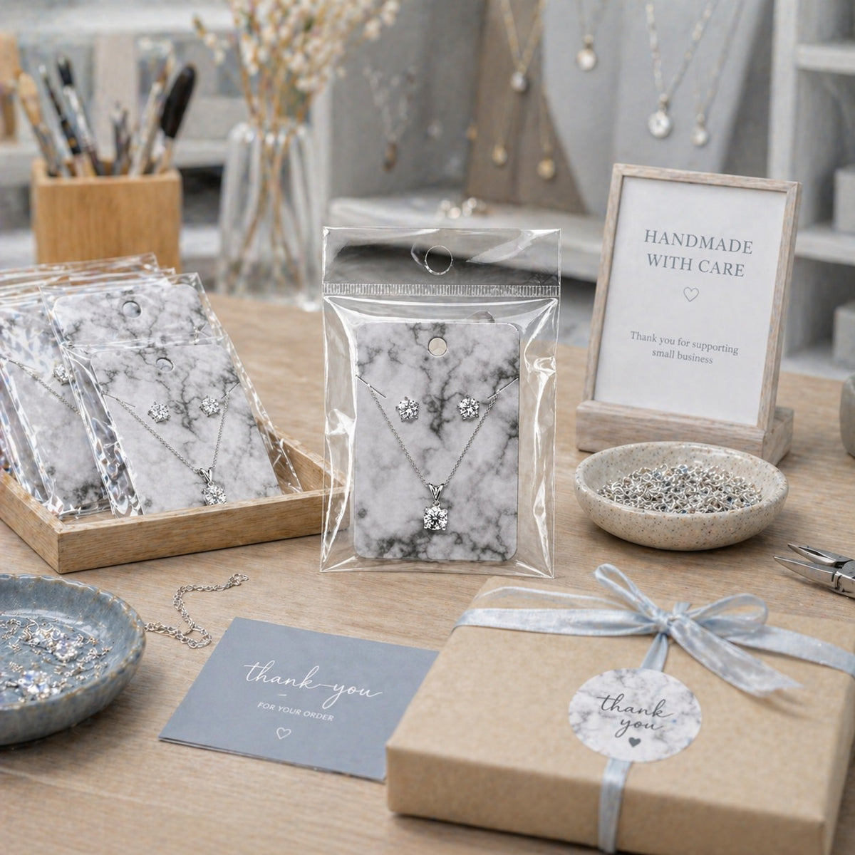 A styled tabletop display of jewelry packaging and accessories, including several necklaces and pendants in clear zip pouches with gray-and-white marble backing cards, a small framed sign reading 'Handmade with Care,' a thank-you card, a wrapped gift box with a silver ribbon, and bowls of loose silver beads on a wooden surface.