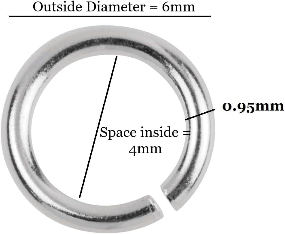 A sterling silver metal jump ring with dimension annotations showing an outside diameter of 6mm, an inside space of 4mm, and a wall thickness of 0.95mm on a white background.