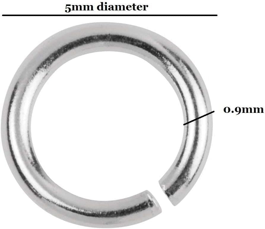 A sterling silver jump ring with a 5mm diameter and 0.9mm wall thickness, shown on a white background with dimension lines and text.