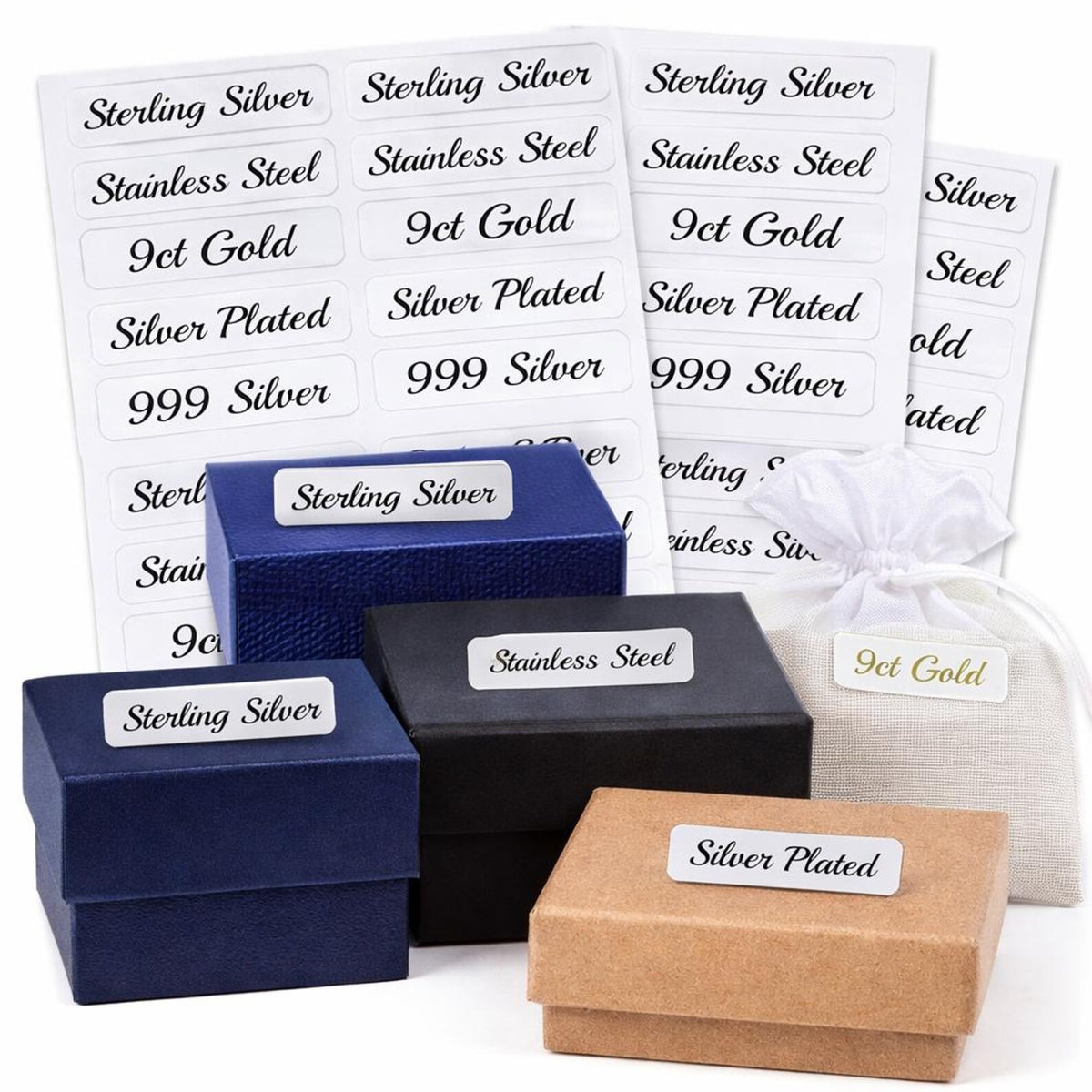 Set of jewelry boxes with labels indicating metal type on a white background