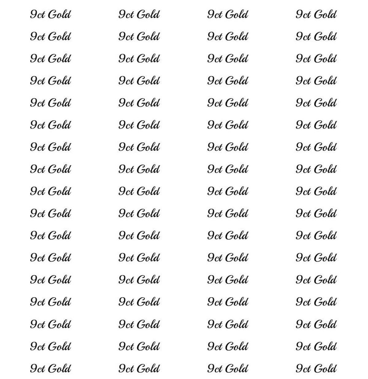 A repeating grid of labels '9ct Gold' in black font on a white background. 