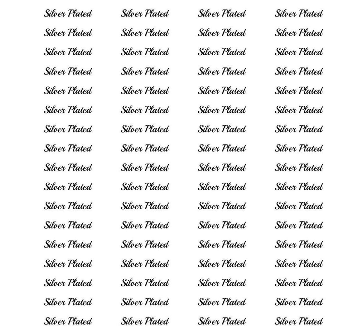 A sheet of silver-plated print stickers or decals arranged in a grid on a white background