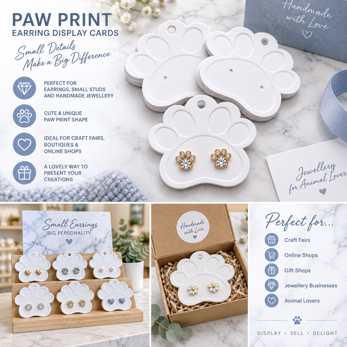 A promotional collage for paw print earring display cards. The main panel shows several white paw-shaped cards with small stud earrings placed on them, alongside marketing text about using them for small earrings and handmade jewellery.