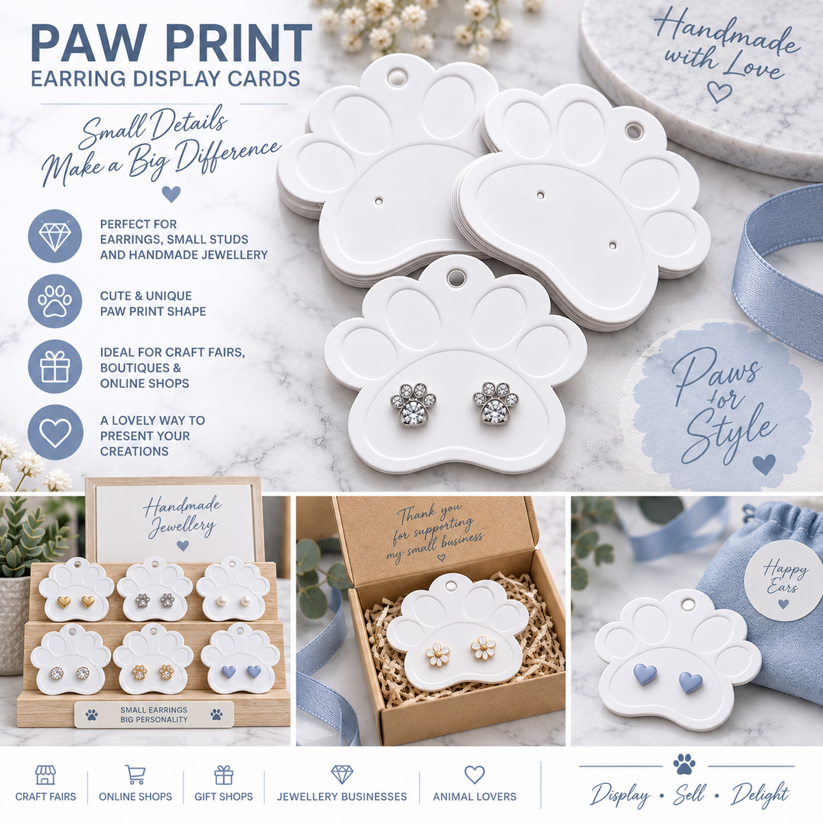 A promotional collage for paw print earrings display cards. The main visual shows several white paw-shaped cards with small stud earrings attached, alongside text callouts such as 'PAW PRINT EARRING DISPLAY CARDS,' 'Handmade with Love,' and 'Paws for Style.