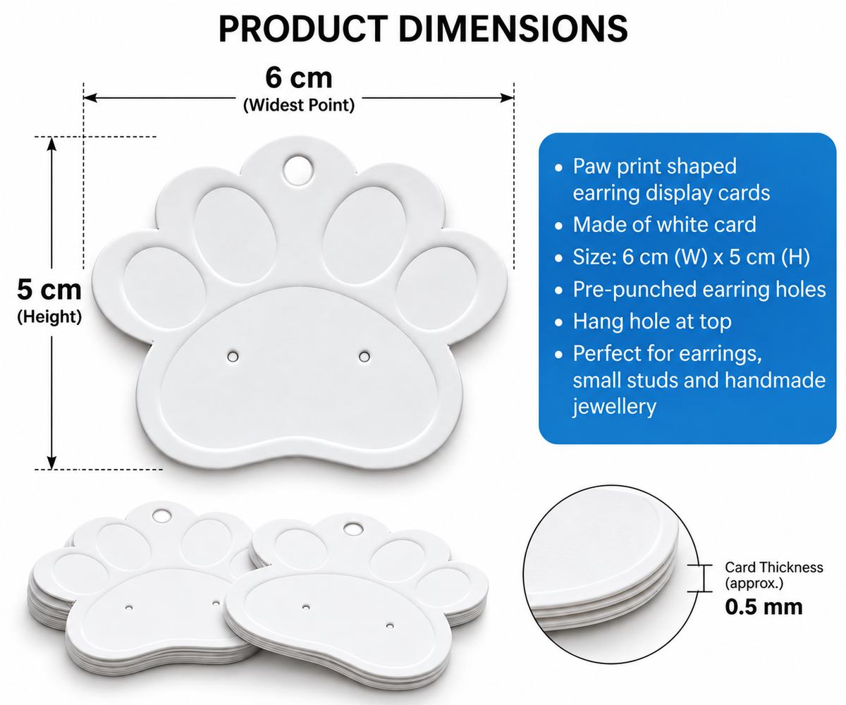 Product dimensions diagram for white paw-print shaped earring display cards, showing a single card with labeled measurements of 6 cm by 5 cm, a stack of cards, and a blue text box listing product features.