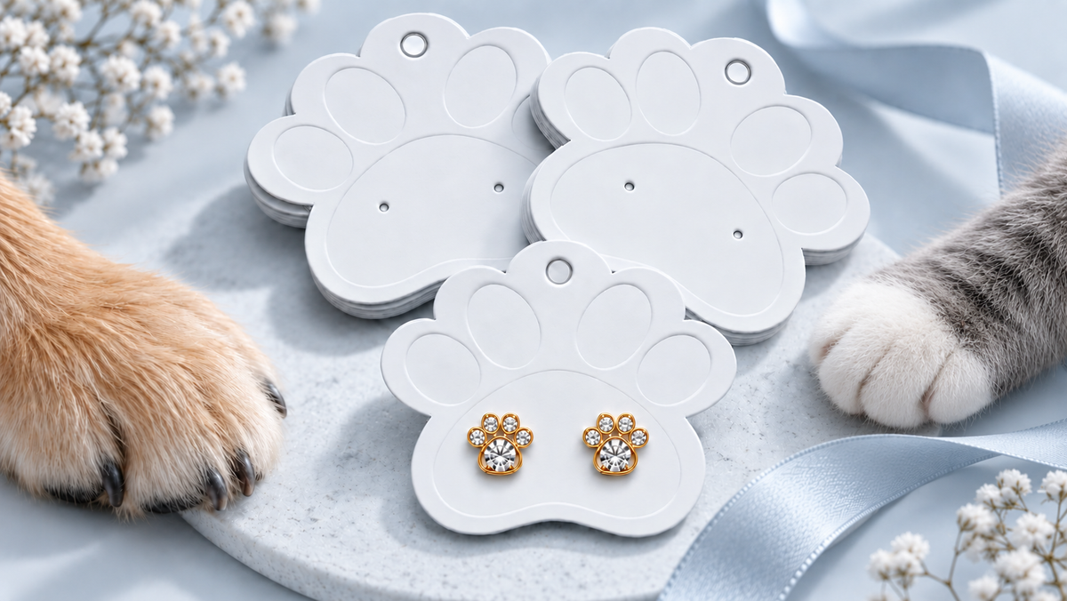 Two gold paw-shaped stud earrings with white crystal-like centers are displayed on white paw-shaped card holders. Cat paws and small white flowers decorate the scene on a soft blue satin background.