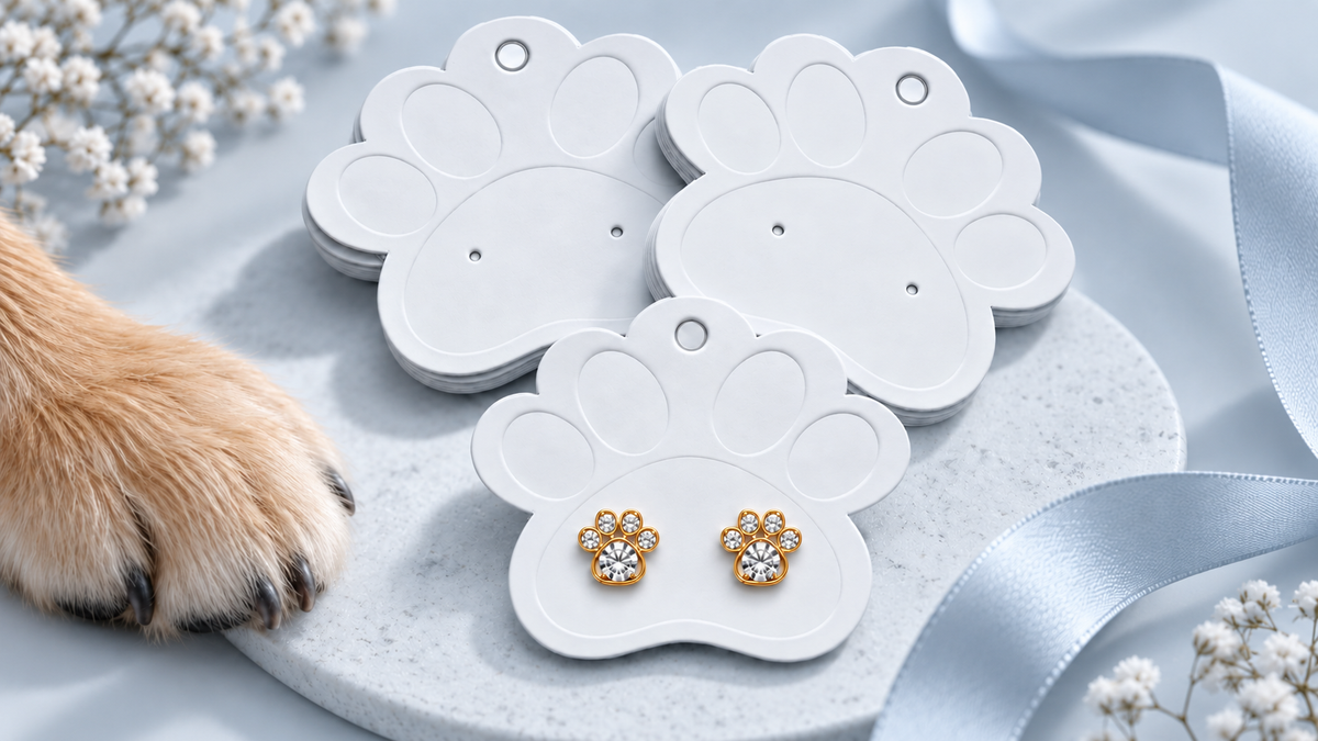 A pair of gold paw-shaped stud earrings with clear crystal centers, displayed on a white paw-shaped card. A dog's paw is visible on the left, along with stacks of similar display cards, white baby's breath flowers, and a light blue ribbon.