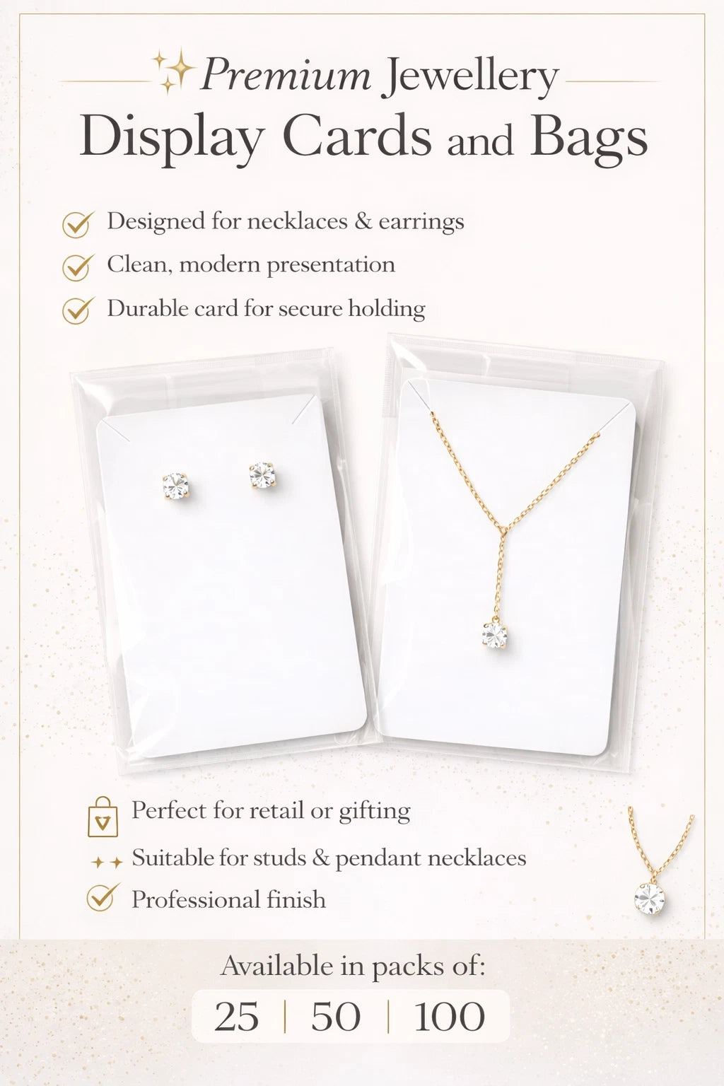 Jewellery Display Cards & Bags Necklace Bracelet Earrings White 9cm x 6cm